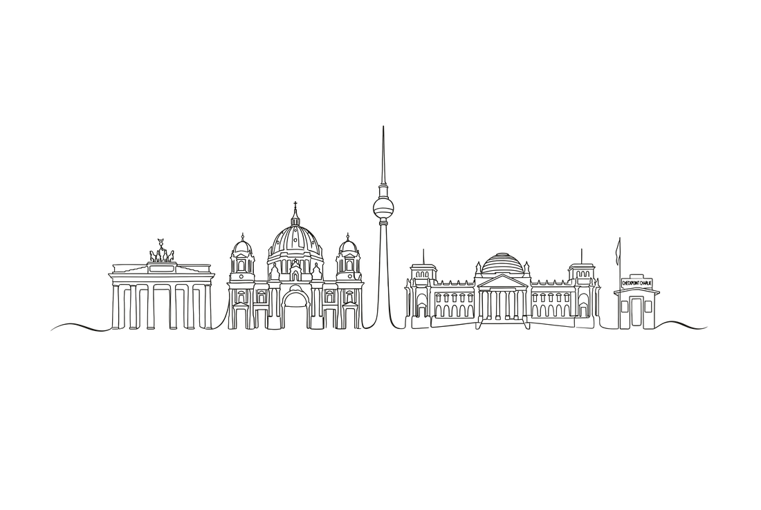 Berlin skyline line art - Brandenburg Gate, Cathedral, TV Tower, Reichstag.