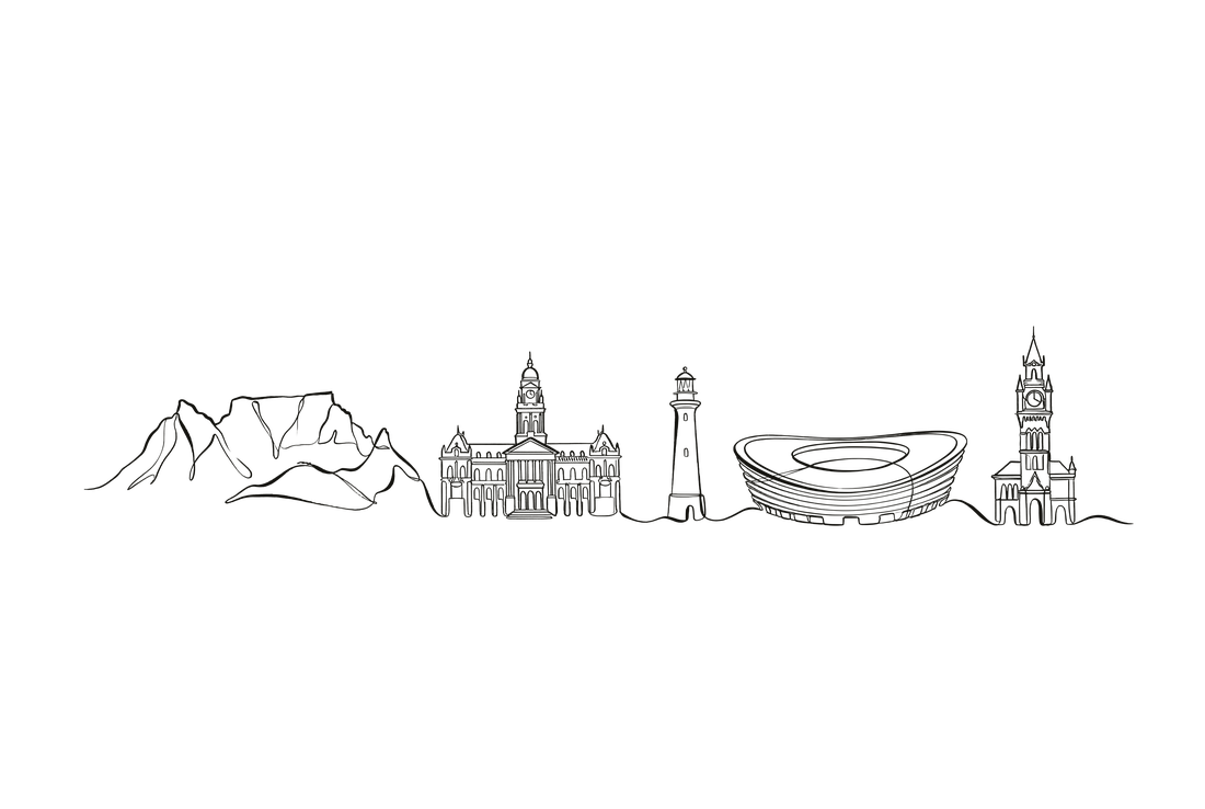 Cape Town skyline line art - Table Mountain, City Hall, lighthouse, stadium.