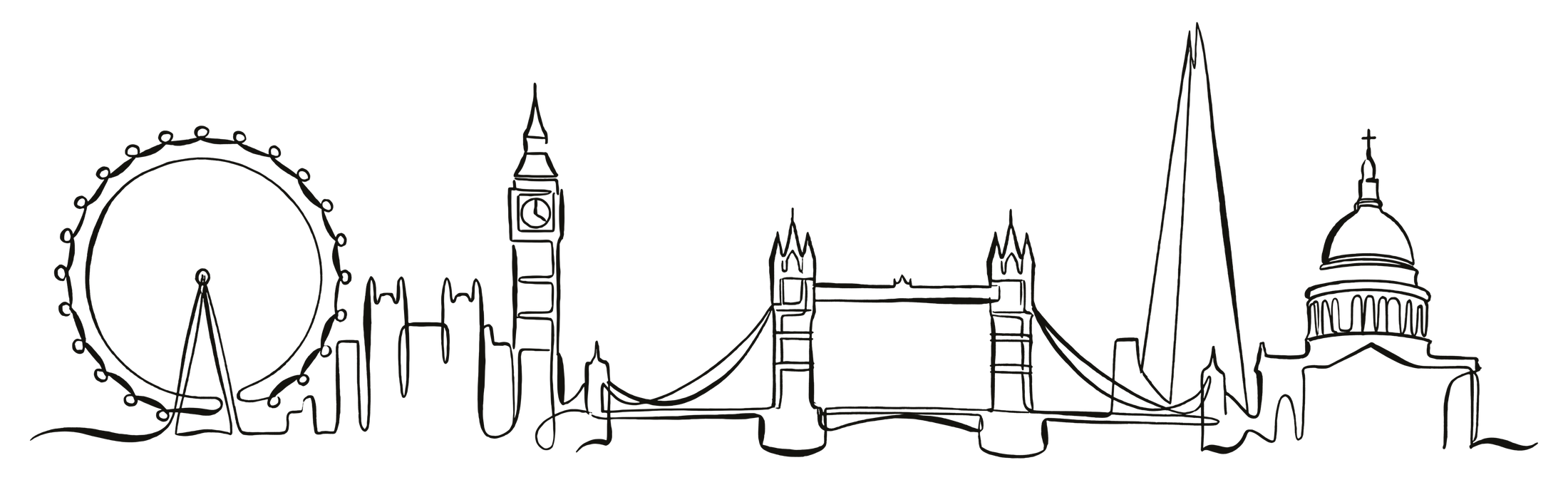 London skyline drawn as a single continuous line - London Eye, Big Ben, Tower Bridge, The Shard and St Paul's Cathedral.