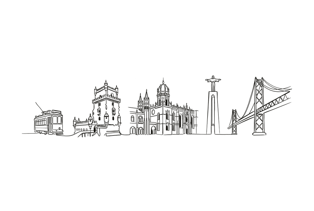 Lisbon skyline line art - tram, Belem Tower, monastery, 25 de Abril Bridge.