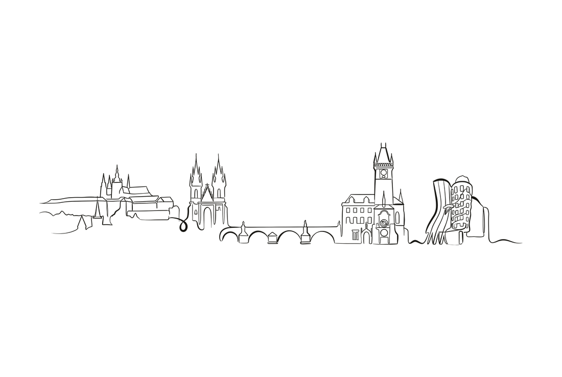 Prague skyline line art - Castle, Tyn Church, Old Town clock tower, Charles Bridge.